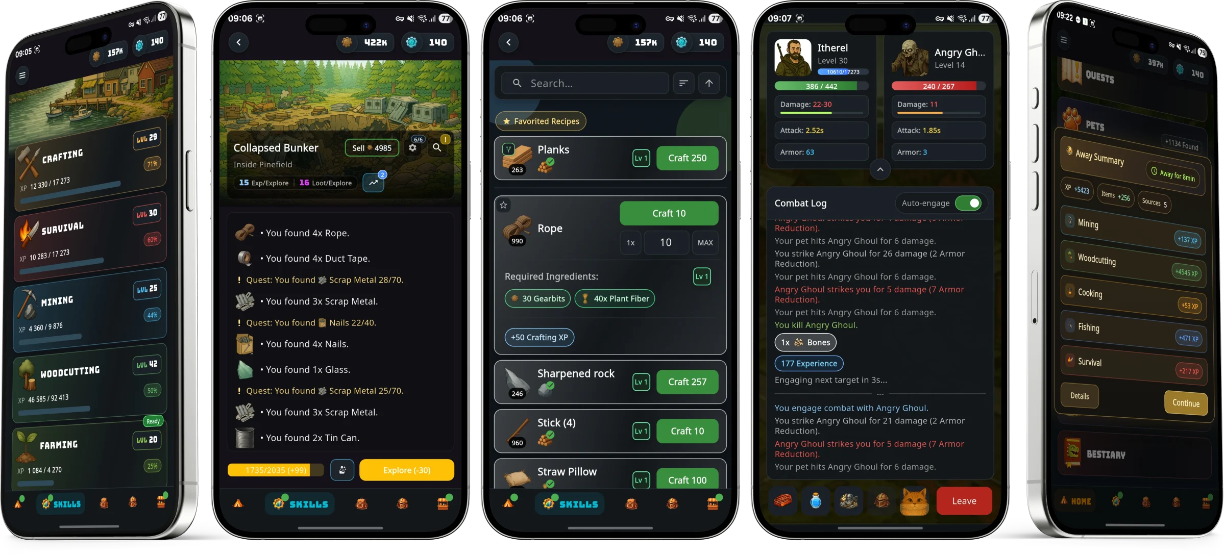 Five Wasteland Revenant screens showing skills, exploration, crafting, combat, and away progress
